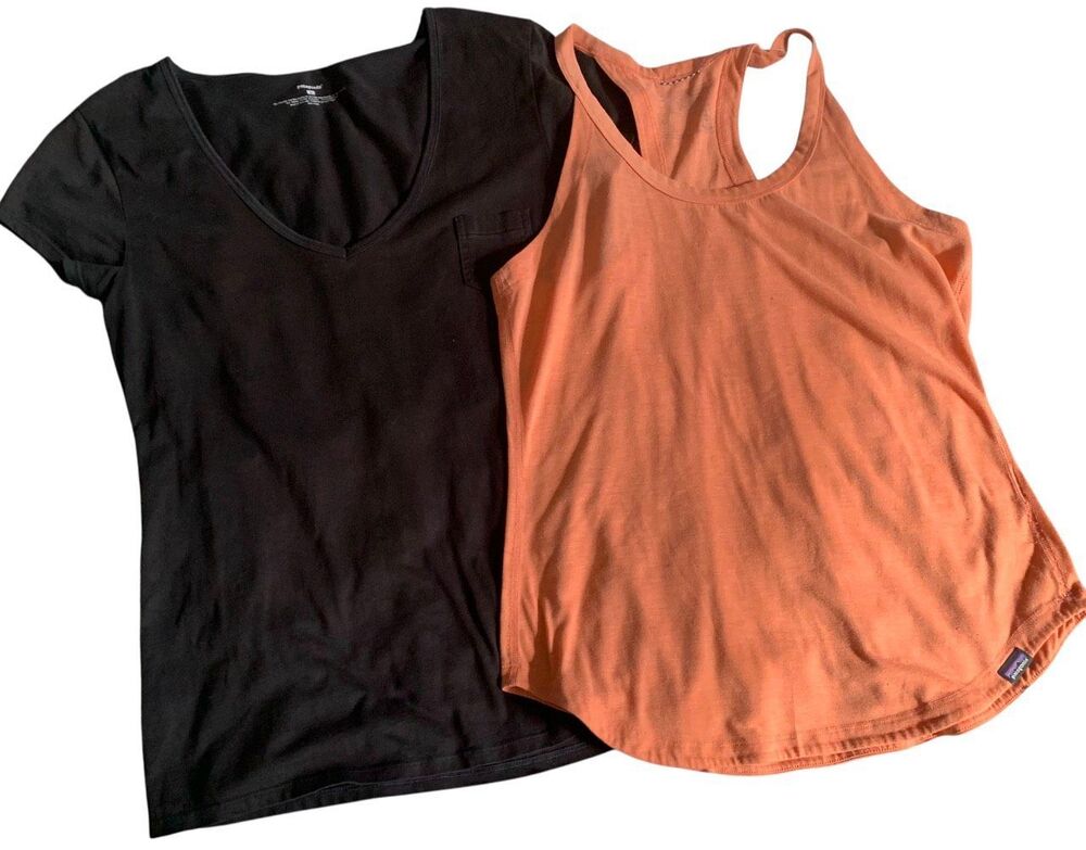 2 Patagonia black V neck T-Shirt & orange Cool Trail Tank Top LOT sz S M
